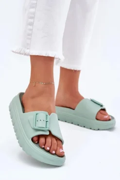 Klapki Damskie Piankowe Na Platformie Z Klamrą Zielone Viasara