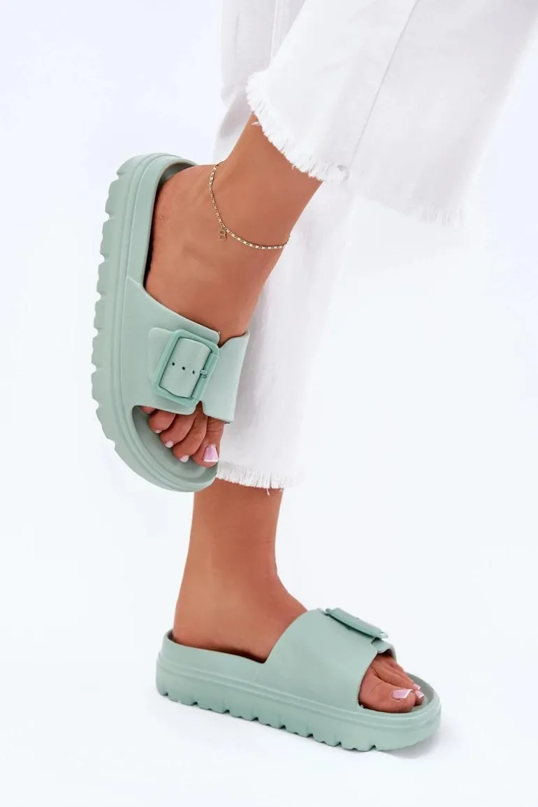 Klapki Damskie Piankowe Na Platformie Z Klamrą Zielone Viasara