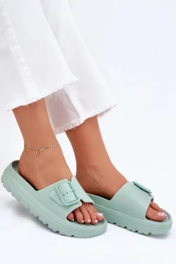 Klapki Damskie Piankowe Na Platformie Z Klamrą Zielone Viasara