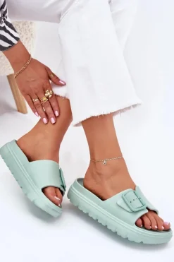 Klapki Damskie Piankowe Na Platformie Z Klamrą Zielone Viasara