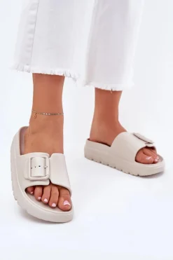 Klapki Damskie Piankowe Na Platformie Z Klamrą Beżowe Viasara