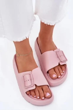 Klapki Damskie Piankowe Na Platformie Z Klamrą Różowe Viasara