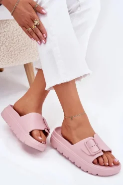 Klapki Damskie Piankowe Na Platformie Z Klamrą Różowe Viasara