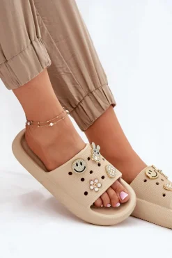 Klapki Damskie Piankowe Z Przypinkami Vinceza 76055 Beżowe