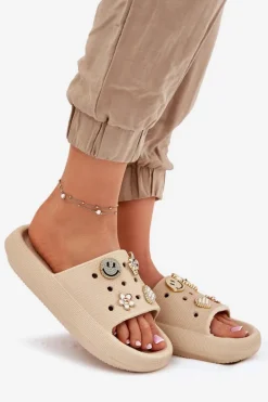 Klapki Damskie Piankowe Z Przypinkami Vinceza 76055 Beżowe