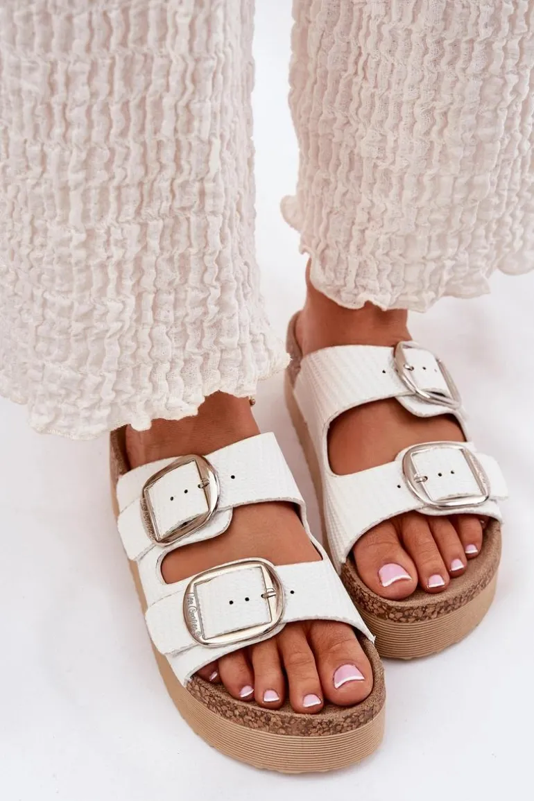 Klapki Damskie Platformie Z Klamrami Lee Cooper LCW-25-35-3496L Białe