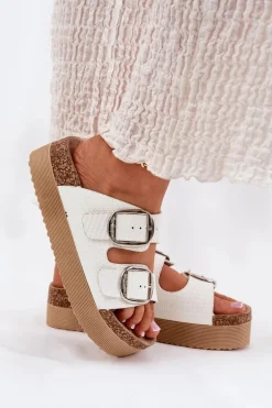 Klapki Damskie Platformie Z Klamrami Lee Cooper LCW-25-35-3496L Białe