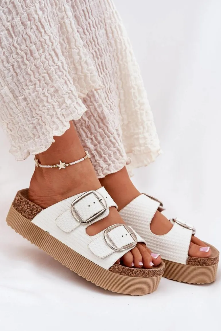 Klapki Damskie Platformie Z Klamrami Lee Cooper LCW-25-35-3496L Białe