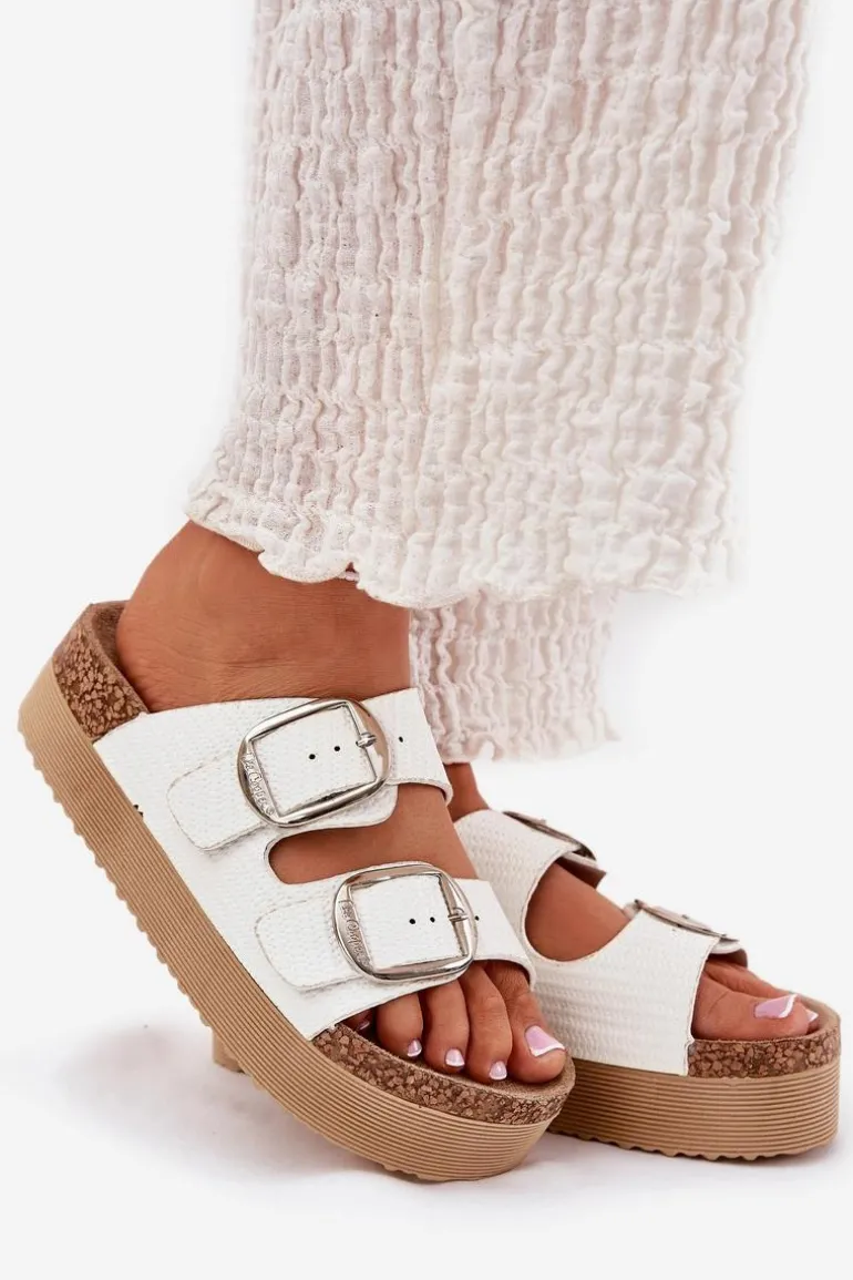 Klapki Damskie Platformie Z Klamrami Lee Cooper LCW-25-35-3496L Białe