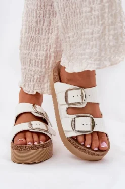 Klapki Damskie Platformie Z Klamrami Lee Cooper LCW-25-35-3496L Białe