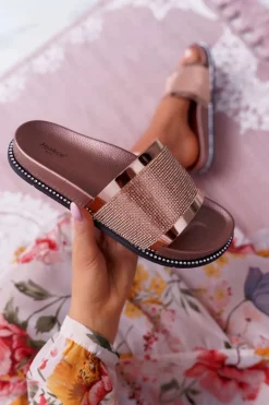 Klapki Damskie Profilowane Z Cyrkoniami Champagne Rentre