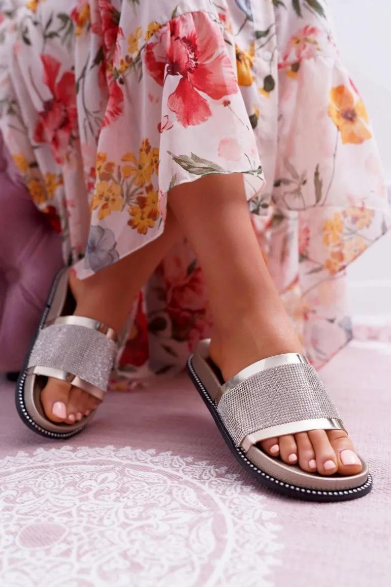 Klapki Damskie Profilowane Z Cyrkoniami Złote Rentre