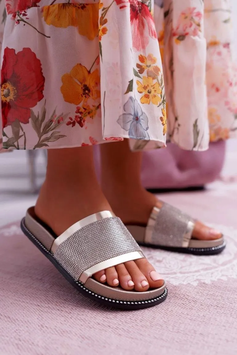 Klapki Damskie Profilowane Z Cyrkoniami Złote Rentre