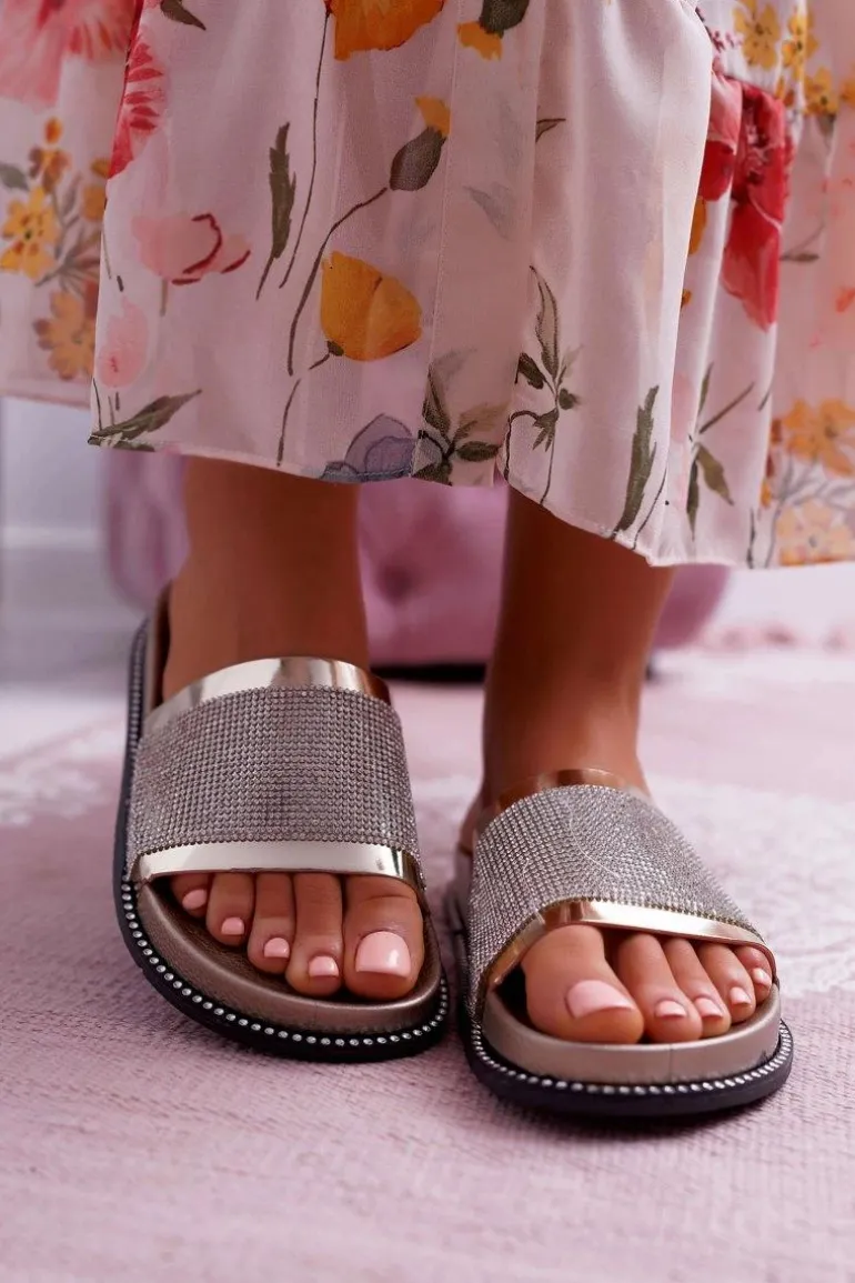 Klapki Damskie Profilowane Z Cyrkoniami Złote Rentre