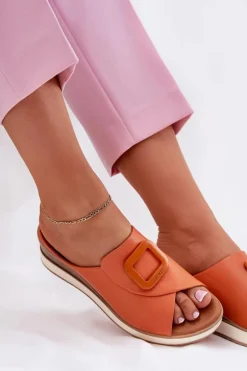 Klapki Damskie Skórzane Na Koturnie Artiker 56C2149 Pomarańczowe