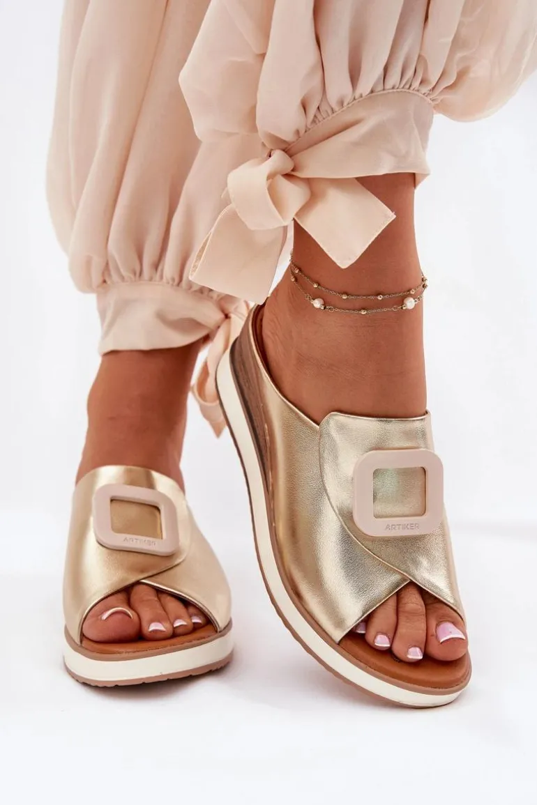 Klapki Damskie Skórzane Na Koturnie Artiker 56C2146 Złote