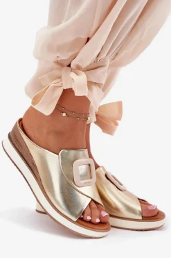 Klapki Damskie Skórzane Na Koturnie Artiker 56C2146 Złote