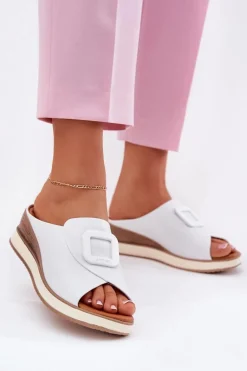 Klapki Damskie Skórzane Na Koturnie Artiker 56C2144 Białe