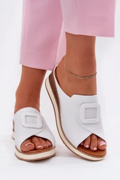 Klapki Damskie Skórzane Na Koturnie Artiker 56C2144 Białe