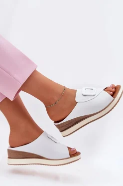 Klapki Damskie Skórzane Na Koturnie Artiker 56C2144 Białe