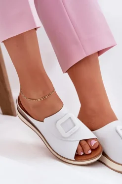 Klapki Damskie Skórzane Na Koturnie Artiker 56C2144 Białe