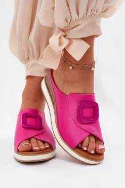 Klapki Damskie Skórzane Na Koturnie Artiker 56C2147 Fuksja