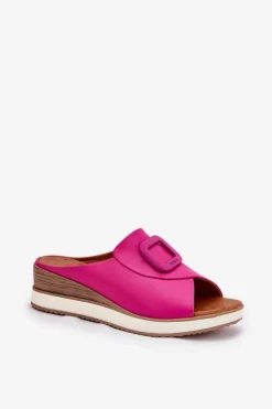 Klapki Damskie Skórzane Na Koturnie Artiker 56C2147 Fuksja