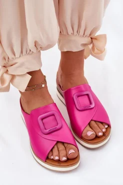 Klapki Damskie Skórzane Na Koturnie Artiker 56C2147 Fuksja