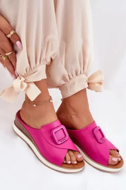 Klapki Damskie Skórzane Na Koturnie Artiker 56C2147 Fuksja