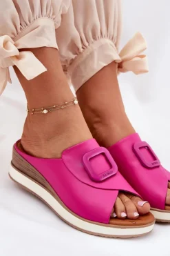 Klapki Damskie Skórzane Na Koturnie Artiker 56C2147 Fuksja