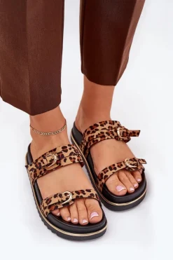 Klapki Damskie w Panterkę Na Platformie Z Paskami I Klamrami Brązowe Ziferte