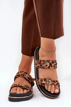 Klapki Damskie w Panterkę Na Platformie Z Paskami I Klamrami Brązowe Ziferte