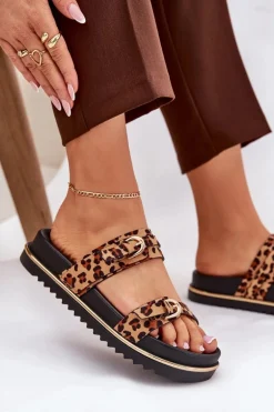 Klapki Damskie w Panterkę Na Platformie Z Paskami I Klamrami Brązowe Ziferte