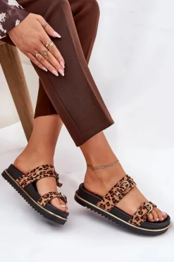 Klapki Damskie w Panterkę Na Platformie Z Paskami I Klamrami Brązowe Ziferte