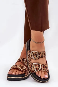 Klapki Damskie w Panterkę Na Platformie Ze Złotymi Klamrami Brązowe Tersele