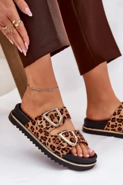 Klapki Damskie w Panterkę Na Platformie Ze Złotymi Klamrami Brązowe Tersele