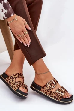 Klapki Damskie w Panterkę Na Platformie Ze Złotymi Klamrami Brązowe Tersele