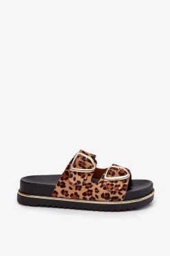 Klapki Damskie w Panterkę Na Platformie Ze Złotymi Klamrami Brązowe Tersele