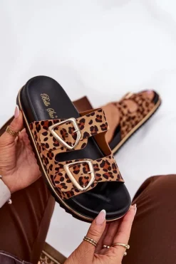 Klapki Damskie w Panterkę Na Platformie Ze Złotymi Klamrami Brązowe Tersele