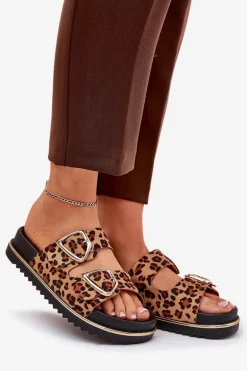Klapki Damskie w Panterkę Na Platformie Ze Złotymi Klamrami Brązowe Tersele