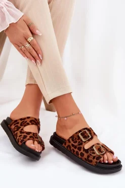 Klapki Damskie W Panterkę Na Platformie Z Klamrami Brązowe Simbes