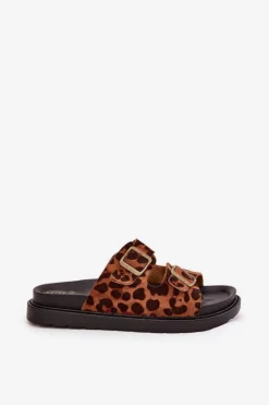 Klapki Damskie W Panterkę Na Platformie Z Klamrami Brązowe Simbes