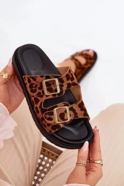 Klapki Damskie W Panterkę Na Platformie Z Klamrami Brązowe Simbes