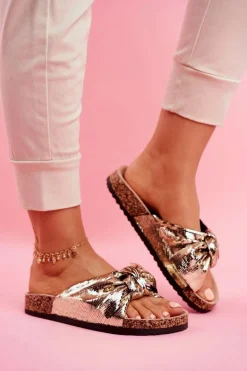 Klapki Damskie z Dużą Kokardą Złote Lovely Time