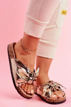 Klapki Damskie z Dużą Kokardą Złote Lovely Time