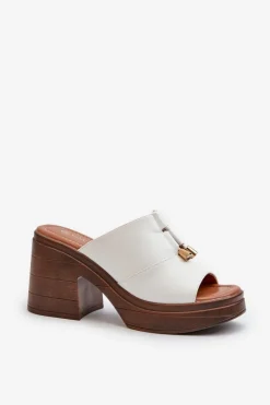 Klapki Damskie Z Eko Skóry Na Platformie I Klocku Białe Dafira