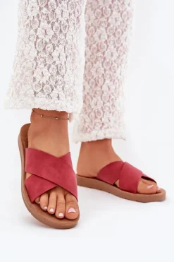 Klapki Damskie Z Eko Skóry Bordowe Lorana