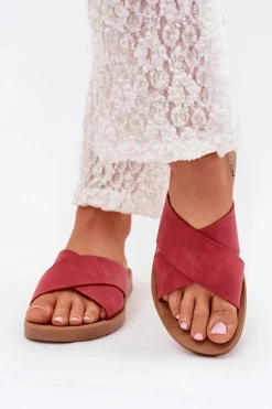 Klapki Damskie Z Eko Skóry Bordowe Lorana