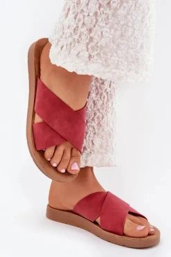 Klapki Damskie Z Eko Skóry Bordowe Lorana