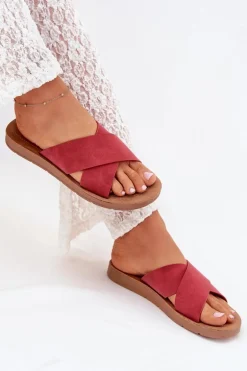 Klapki Damskie Z Eko Skóry Bordowe Lorana